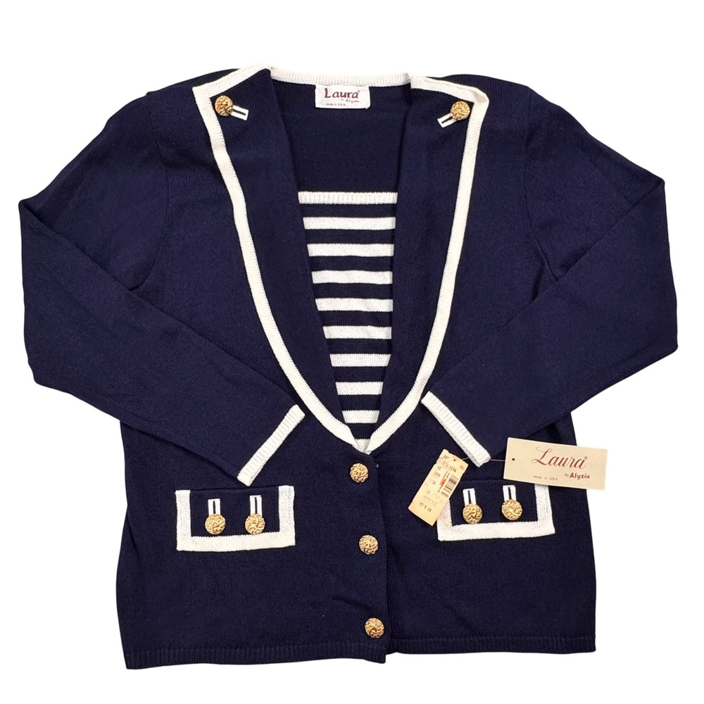 VTG Laura by Alyzia Navy‎ Blazer Style Cardigan Sweater Made in USA Size 10